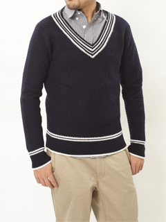 ast Intrecciato Wool V-neck Sweater F108-150: Navy