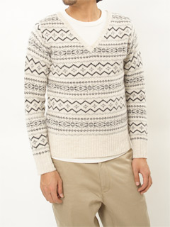 ast Wool Angora Fairisle V-neck Sweater F108-152: Beige