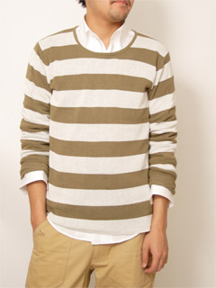 ast Cotton Stripe / Solid Reversible Crewneck Sweater S109-153: Khaki / Off-White