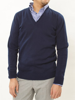 Tabloid News Wholegarment Cotton V-neck Sweater 19160900: Navy