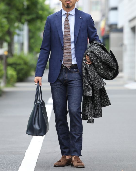 LARDINI（ラルディーニ） ウール×モヘア ウィンドペーン ネイビーシングル2Bジャケット【スーパーソフト】