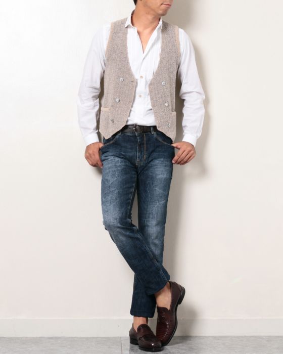 Settefili Cashmere（セッテフィーリカシミア） アルパカ×ウール3者混 モヘア調ブークレニットダブルジレ