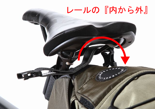 サドルバッグのPVCストラップをレールの内から外に通した状態