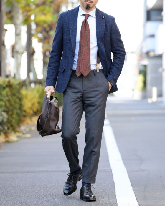 LARDINI(ラルディーニ) ネイビーグレンチェックジャージ ピークドラペルシングル2Bジャケット
