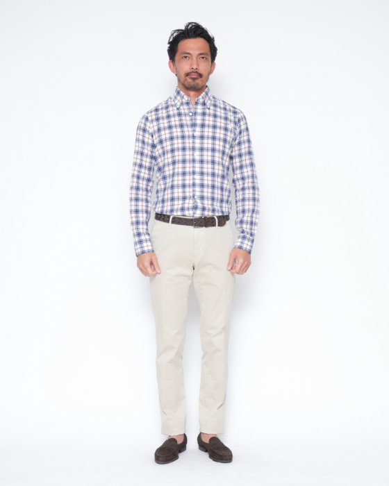 BARBAリネンコットンスクエアチェック ボタンダウンシャツ【DANDY LIFE】01l