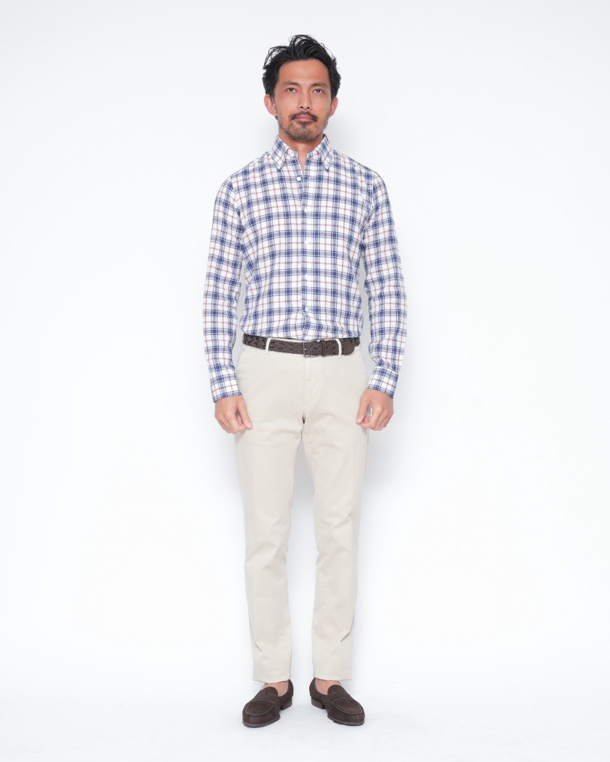 BARBAリネンコットンスクエアチェック ボタンダウンシャツ【DANDY LIFE】01l