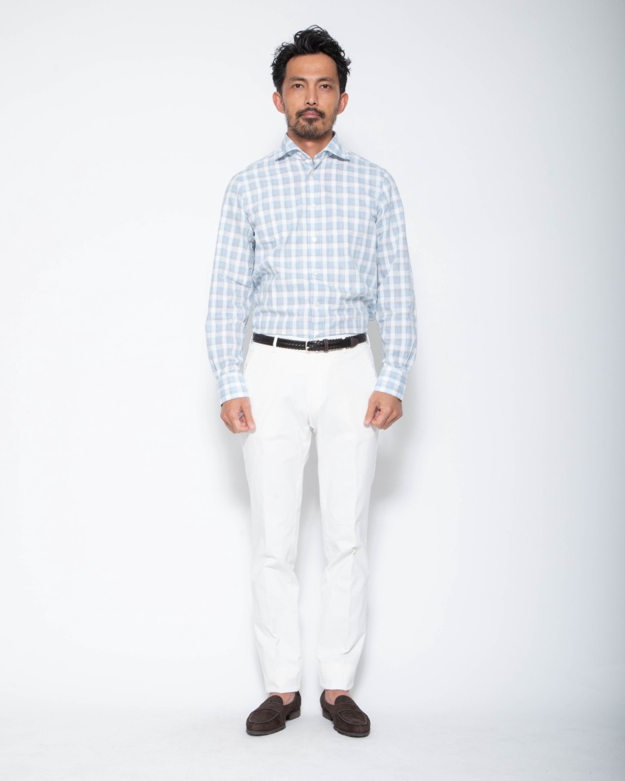 Finamoreチェックコットンリネン カッタウェイシャツ【SIMONE/J/BALI】01l