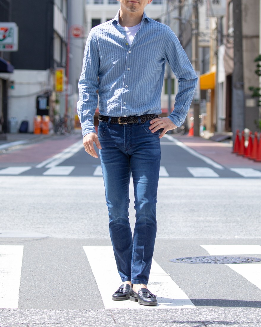 giannettoコットンストライプカッタウェイシャツ【VINCI FIT】ma