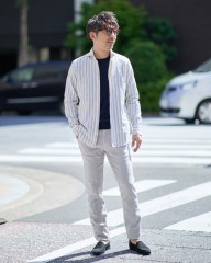 giannettoコットンリネン ストライプ カッタウェイシャツ 【SLIM FIT】mb_ma