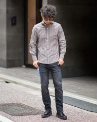 giannettoブラウンストライプ コットン カッタウェイ シャツ【VINCI FIT/ヴィンチフィット】mb_ma