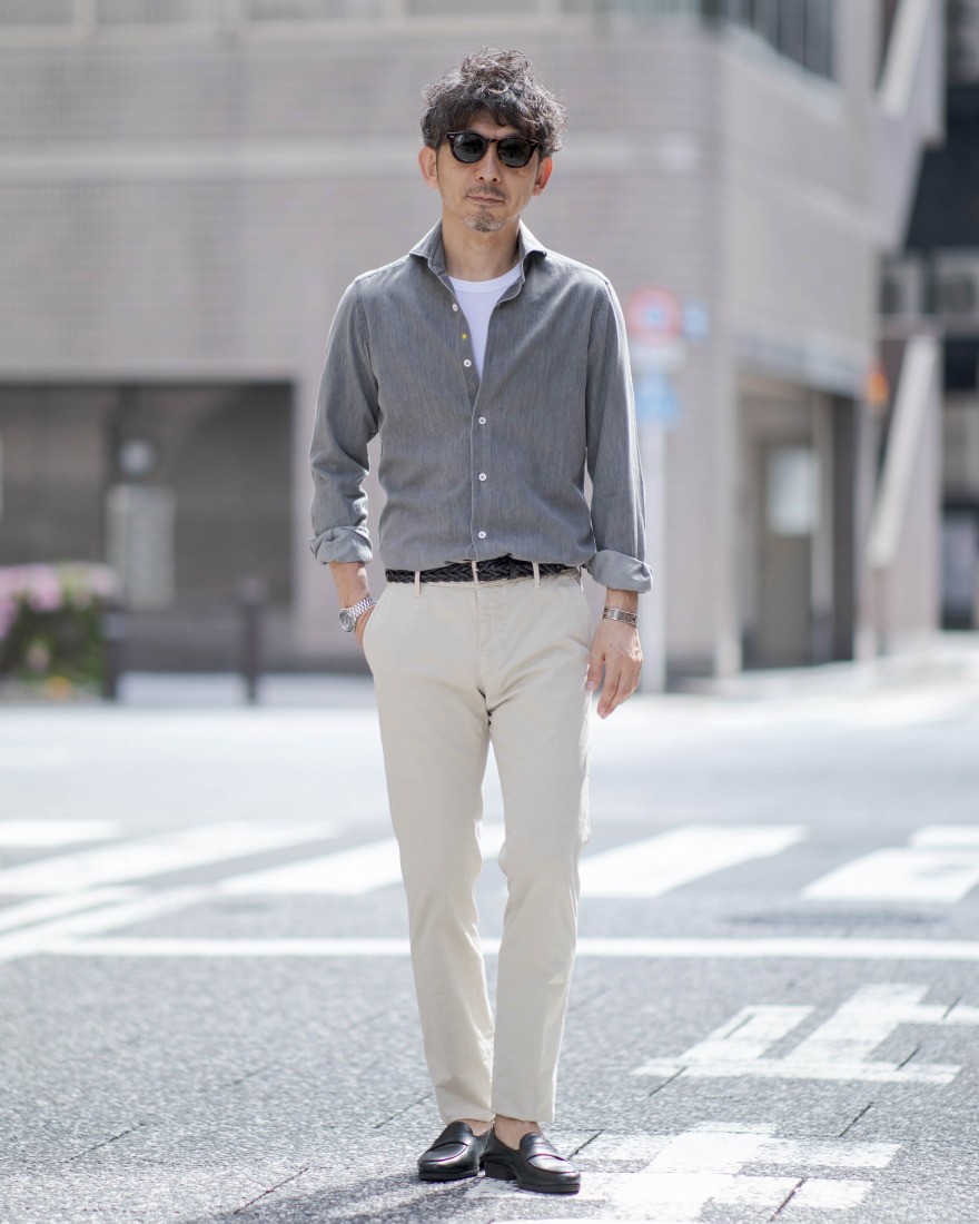 giannettoシャンブレー グレー カッタウェイシャツ 【SLIM FIT】ma