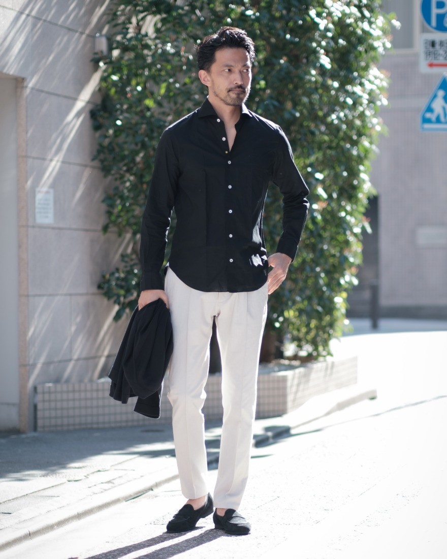 giannettoリネンコットン ブラック カッタウェイシャツ 【SLIM FIT】ma