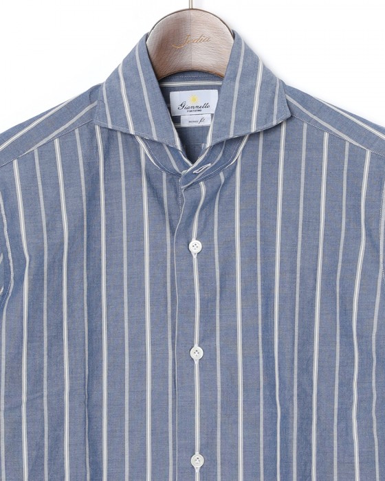 giannettoネイビーストライプ コットン カッタウェイ シャツ【VINCI FIT/ヴィンチフィット】04l