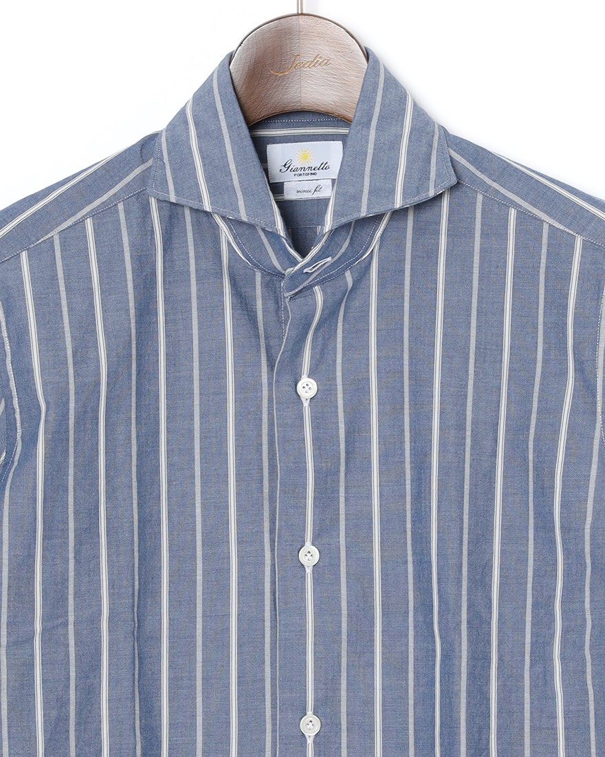 giannettoネイビーストライプ コットン カッタウェイ シャツ【VINCI FIT/ヴィンチフィット】04l