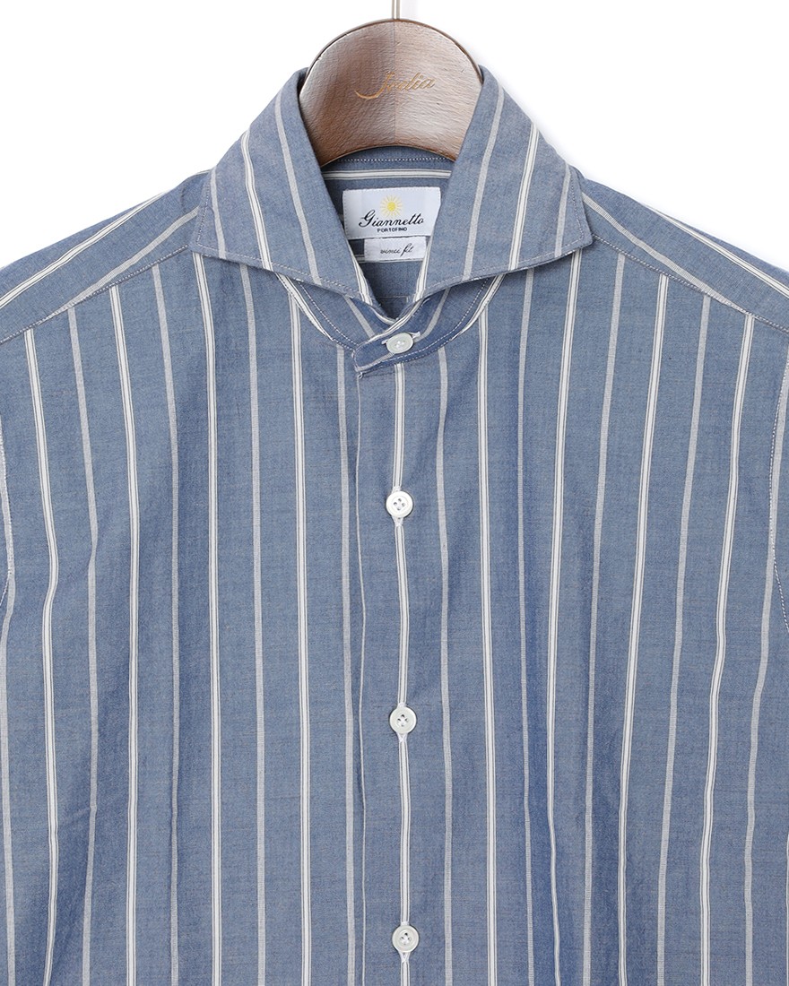 giannettoネイビーストライプ コットン カッタウェイ シャツ【VINCI FIT/ヴィンチフィット】05l