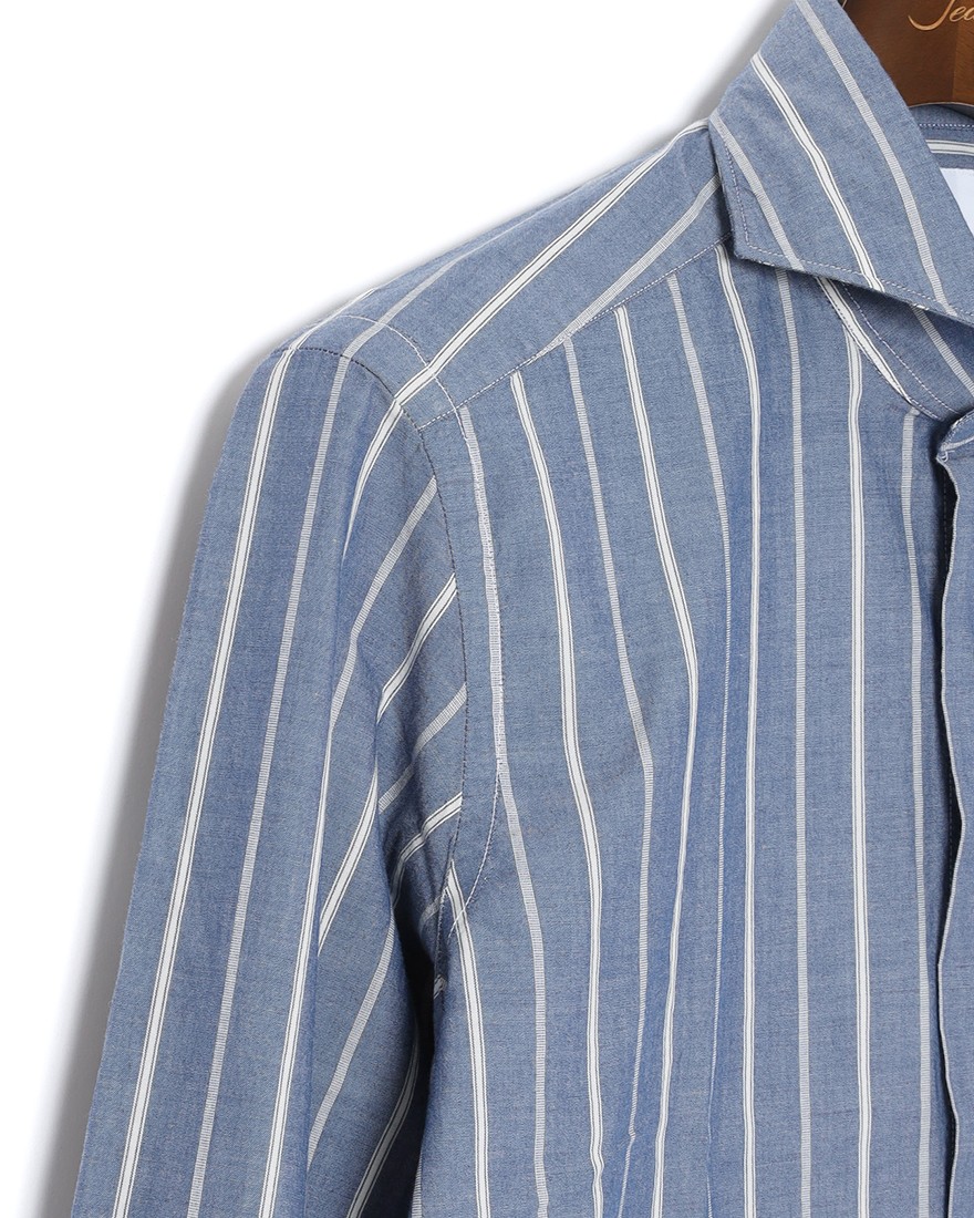 giannettoネイビーストライプ コットン カッタウェイ シャツ【VINCI FIT/ヴィンチフィット】07l