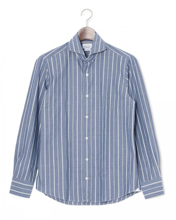 giannettoネイビーストライプ コットン カッタウェイ シャツ【VINCI FIT/ヴィンチフィット】ma