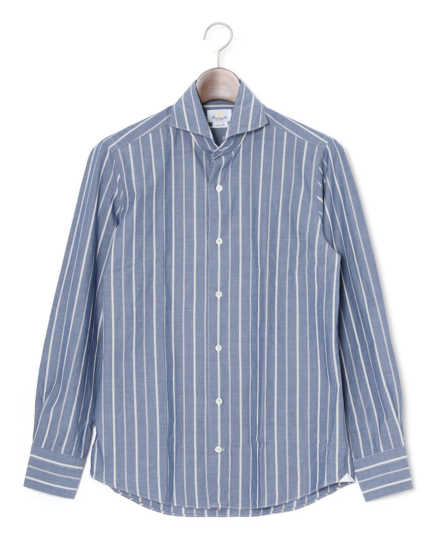 giannettoネイビーストライプ コットン カッタウェイ シャツ【VINCI FIT/ヴィンチフィット】ma