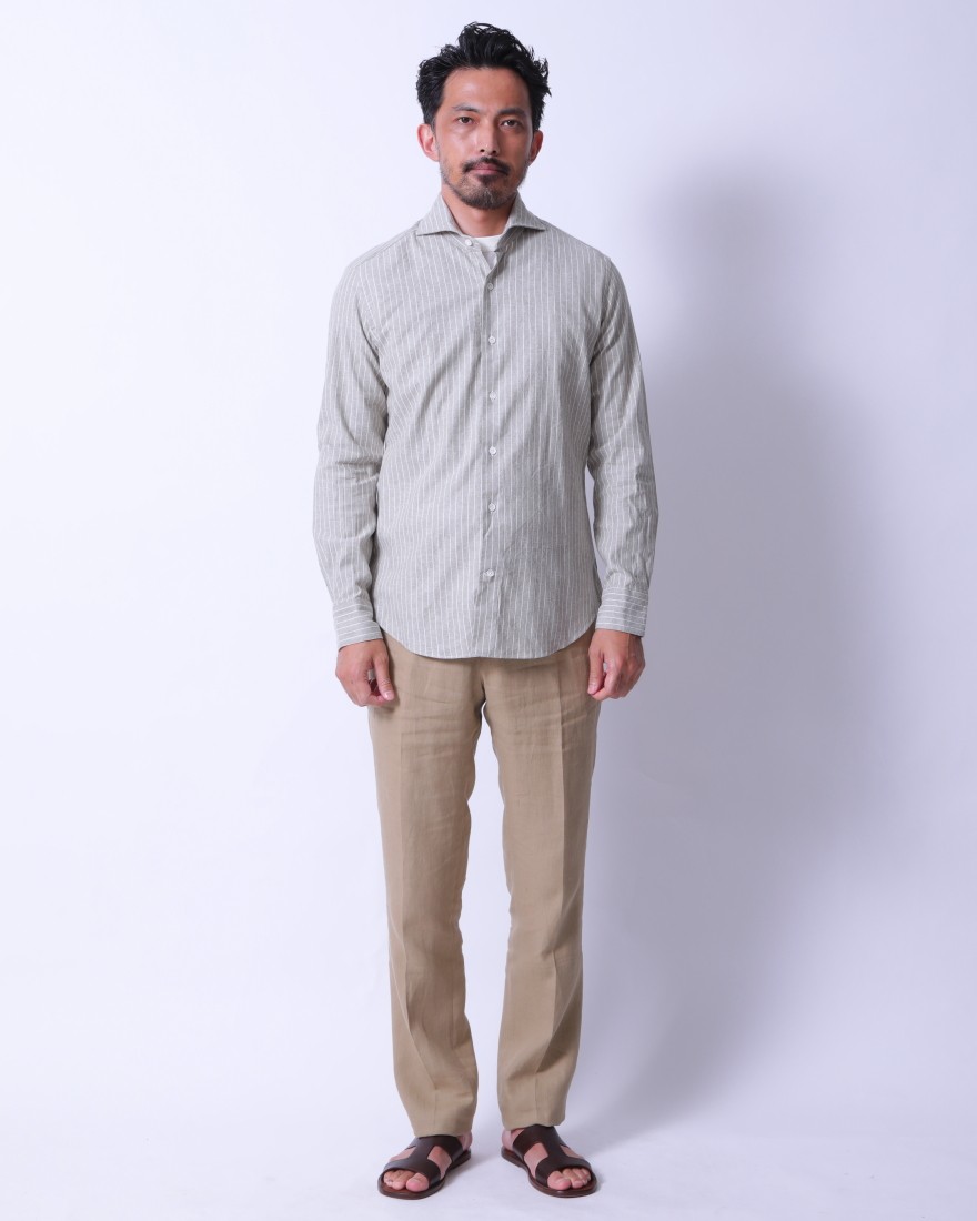 giannettoコットンリネン ストライプ　カッタウェイシャツ 【SLIM FIT】01l
