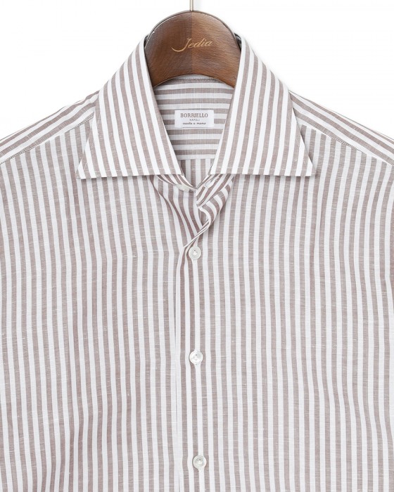 BORRIELLOコットンリネン ブラウンストライプ セミワイドカラー シャツ【GAIOLA/ガイオラ】05l