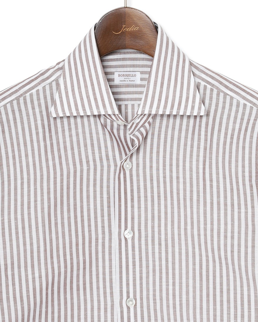 BORRIELLOコットンリネン ブラウンストライプ セミワイドカラー シャツ【GAIOLA/ガイオラ】05l