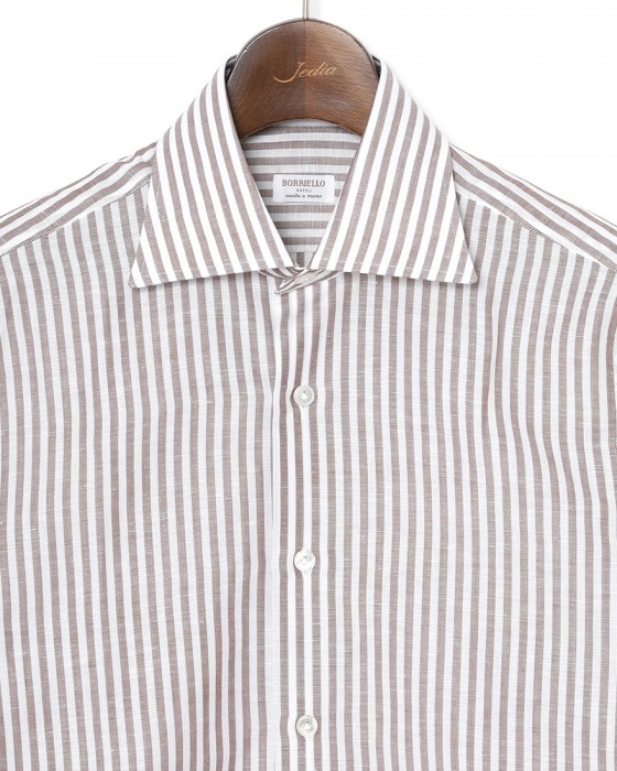 BORRIELLOコットンリネン ブラウンストライプ セミワイドカラー シャツ【GAIOLA/ガイオラ】06l
