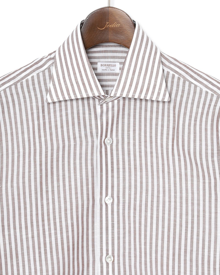 BORRIELLOコットンリネン ブラウンストライプ セミワイドカラー シャツ【GAIOLA/ガイオラ】06l