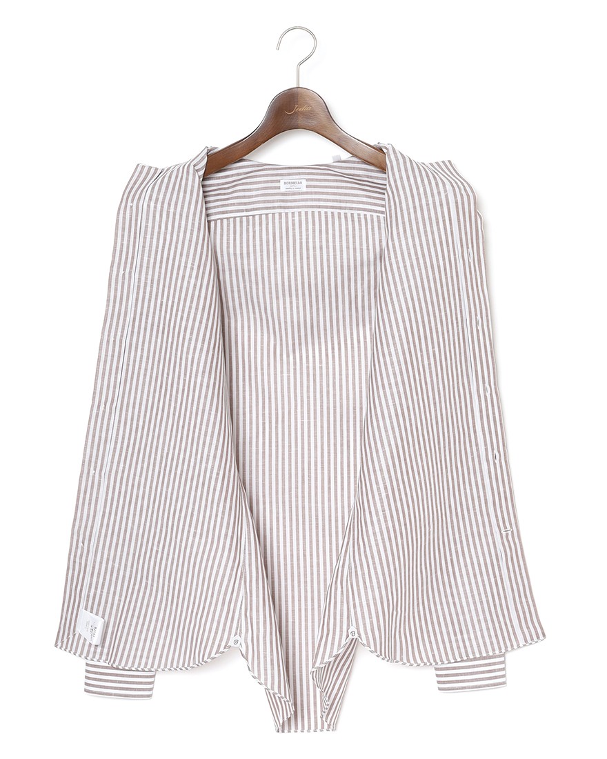 BORRIELLOコットンリネン ブラウンストライプ セミワイドカラー シャツ【GAIOLA/ガイオラ】09l