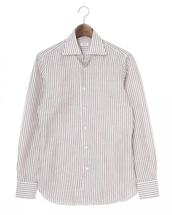 BORRIELLOコットンリネン ブラウンストライプ セミワイドカラー シャツ【GAIOLA/ガイオラ】ma