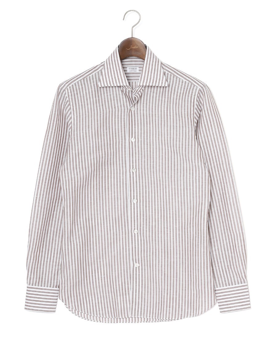 BORRIELLOコットンリネン ブラウンストライプ セミワイドカラー シャツ【GAIOLA/ガイオラ】ma
