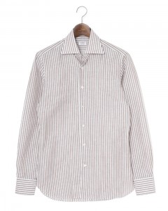 コットンリネン ブラウンストライプ セミワイドカラー シャツ【GAIOLA/ガイオラ】