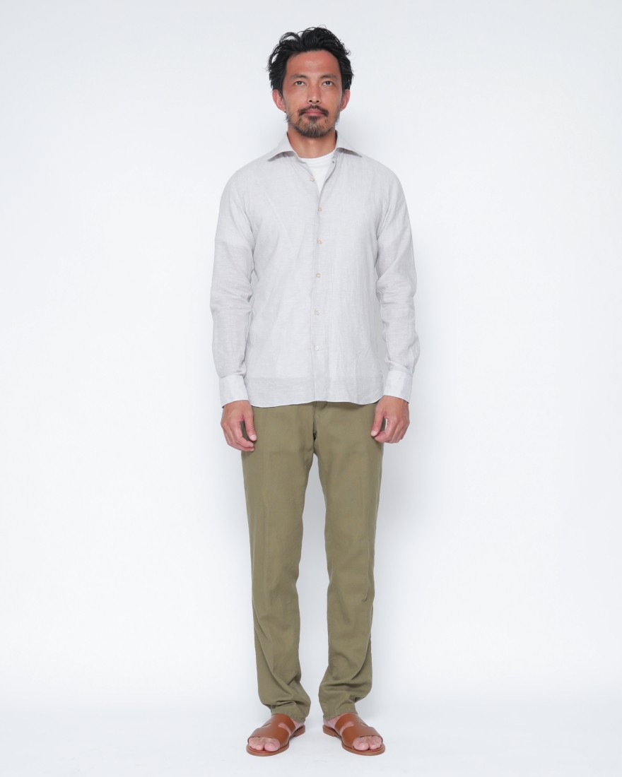 LUIGI BORRELLIリネンコットン グレーセミワイドカラーシャツ【LUCIANO/ルチアーノ】18l