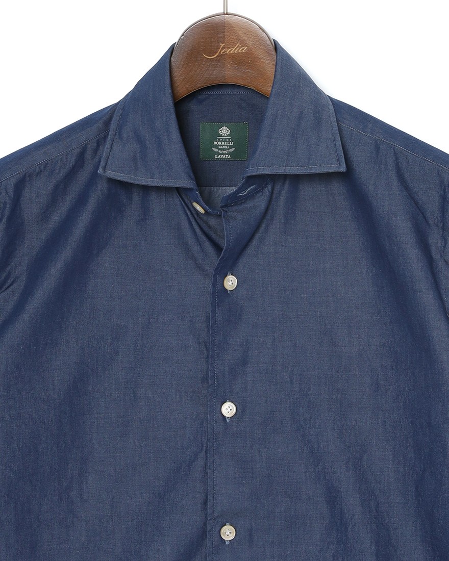 LUIGI BORRELLIネイビー コットン セミワイドカラー シャツ【LUCIANO/ルチアーノ】05l