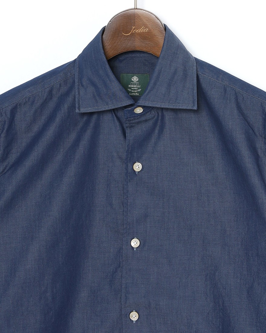 LUIGI BORRELLIネイビー コットン セミワイドカラー シャツ【LUCIANO/ルチアーノ】06l
