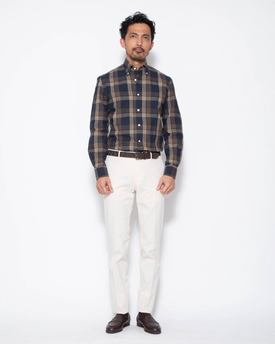 ERRICO FORMICOLAコットンリネン ネイビーチェック BDシャツ【LUCA】16l