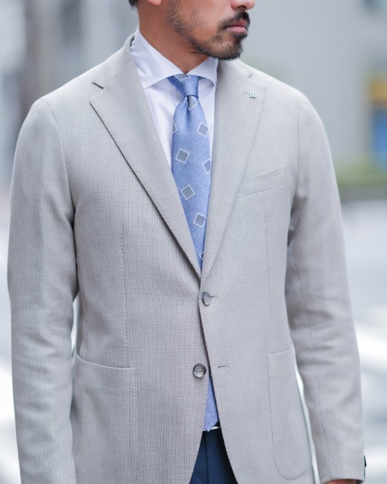 FRANCO BASSIブルー スクエア小紋柄 タイ【シルクコットン】01l